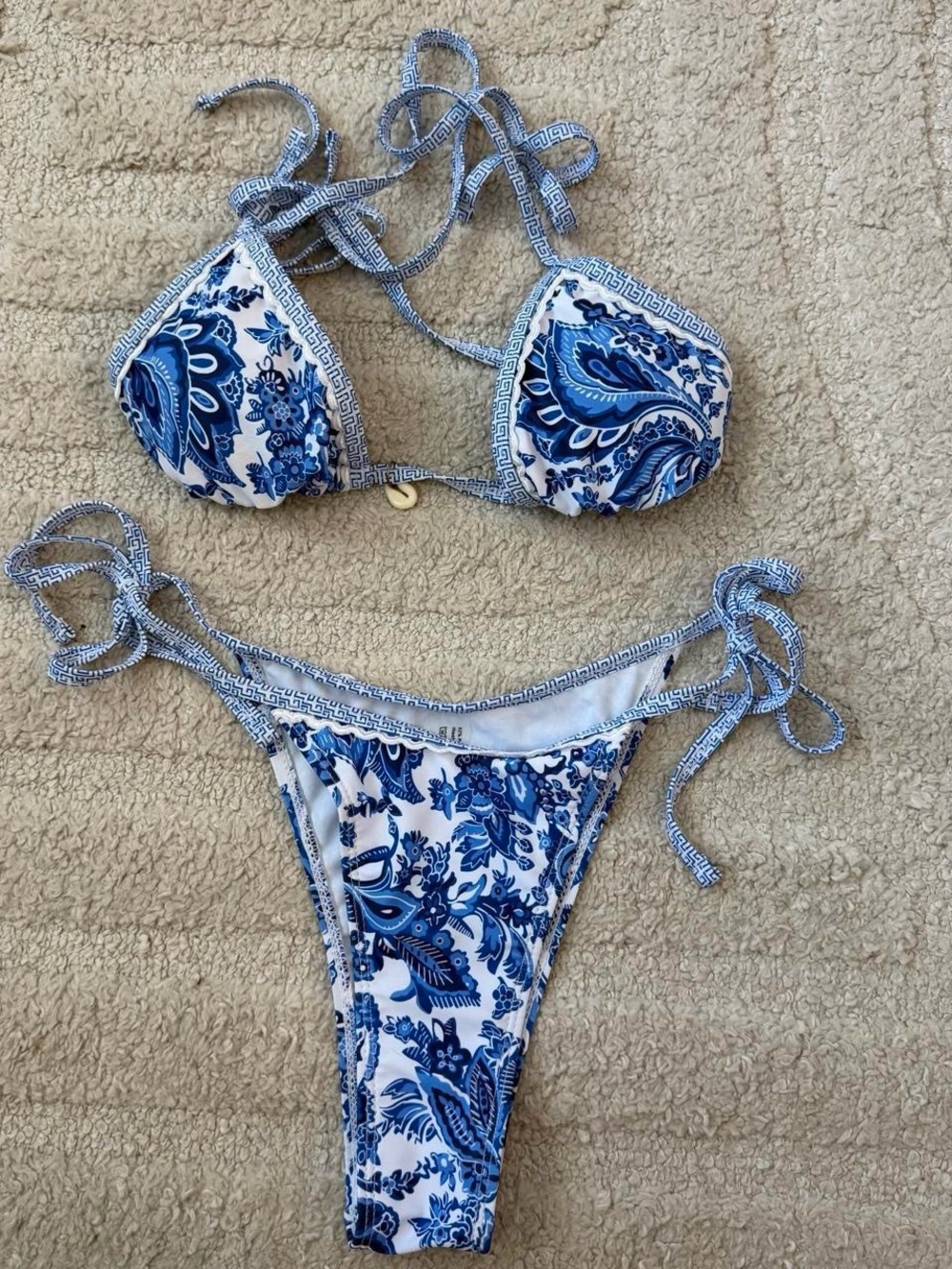 SHEIN Blue & White Paisley Tie-Side Bikini Set